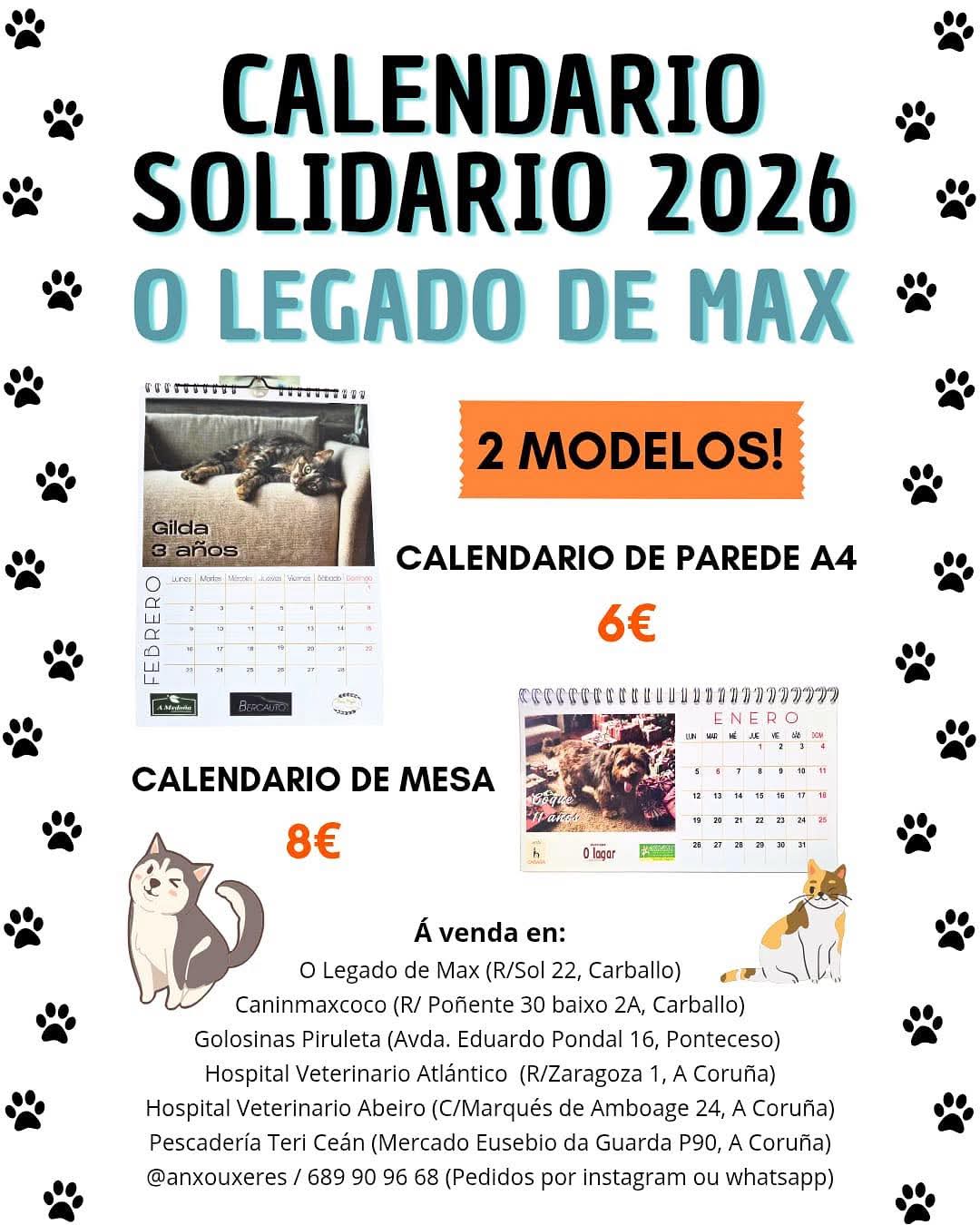 Cartel do Calendario Solidario 2026 de O Legado de Max con exemplos do calendario de parede e de mesa