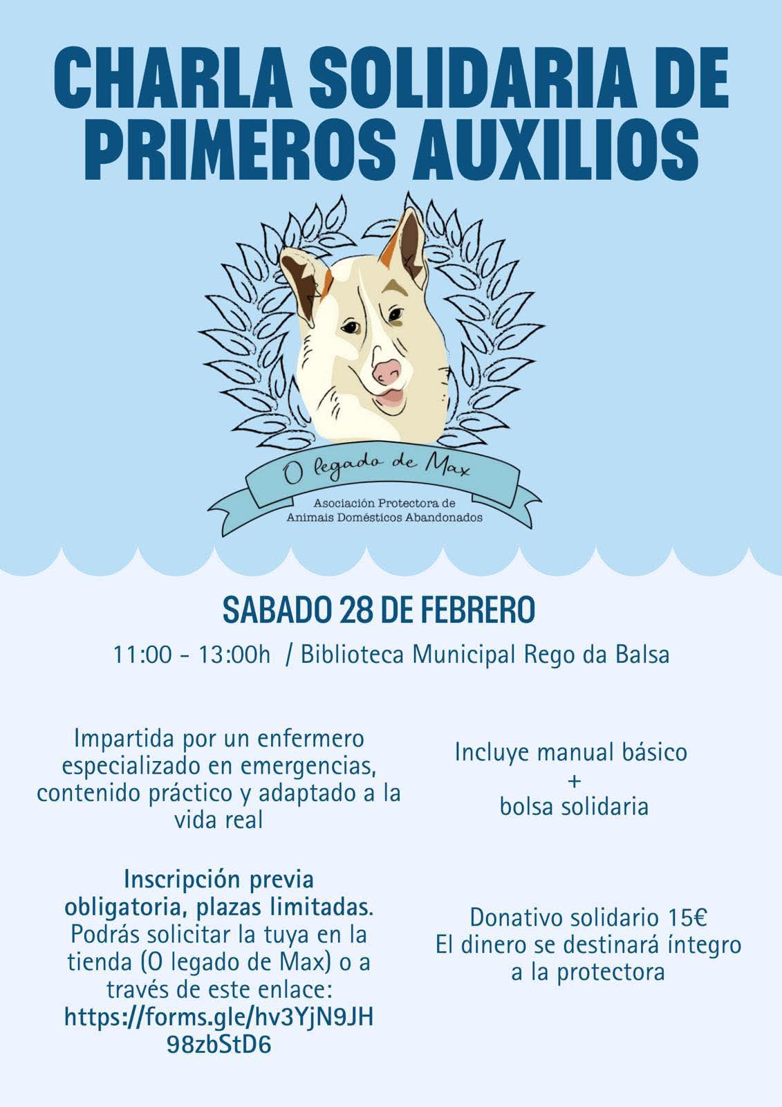 Cartaz da charla solidaria de primeiros auxilios en Carballo organizada por O Legado de Max, con data, horario e localización.